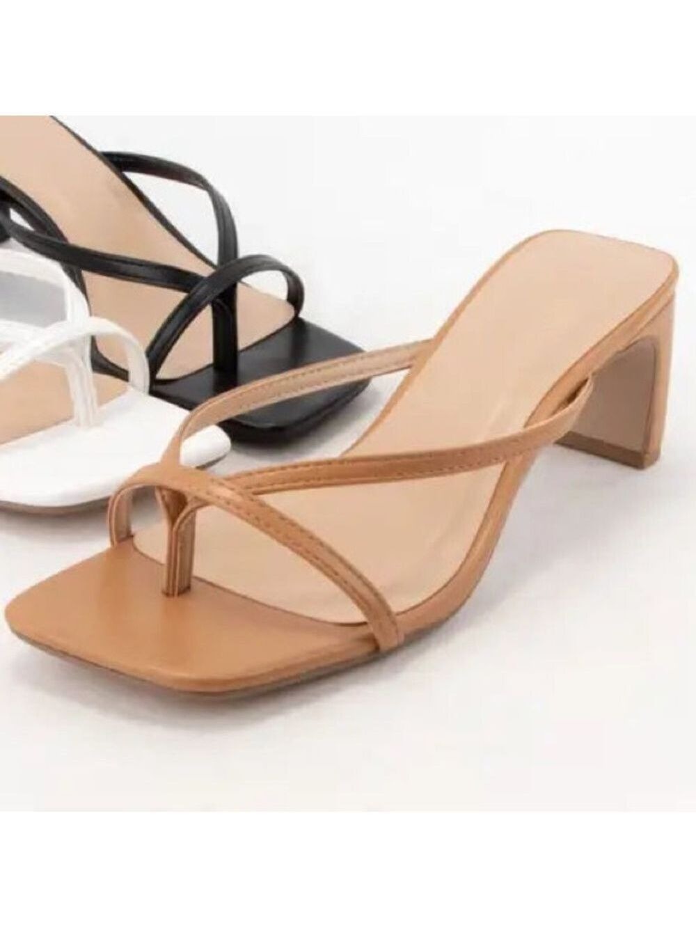 Soda Gadget Thong Square Toe Heels Sandals in Tan Brown